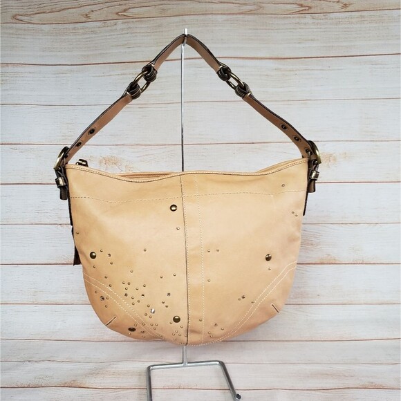COACH Vintage Leather Embellished Hobo Handbag Shoulder Bag Beige Tan Metallic - Picture 1 of 16